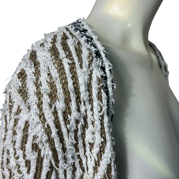 Chico's Luxury Textured Cardigan White Gold Bronze Open Front Size 2 Bouclé Knit - Picture 7 of 10
